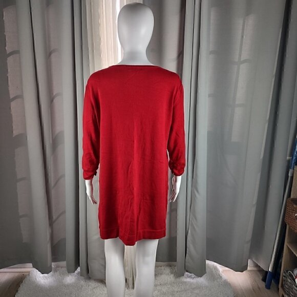 Alfani Red Ruched 3/4 Sleeve Beaded Front Cotton Blend Tunic Sweater Size Large - Picture 4 of 11